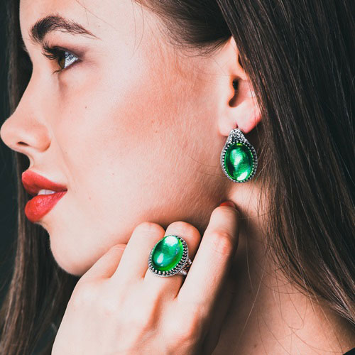 Гарнитур посеребрение 2 предмета: серьги, кольцо, овал с петлей «Опал»